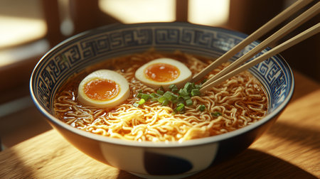 Instant noodles in bowl with chopsticks on wooden table, closeupの写真素材