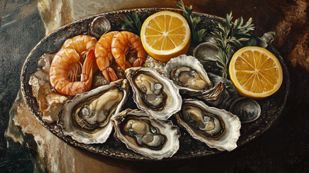 Fresh oysters with lemon and ice. Seafood restaurant menu designの写真素材