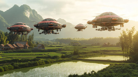 Flying saucers in the sky over the rice field in Vietnamの写真素材