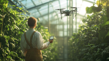 Rear view of a young man operating a drone in a greenhouseの写真素材