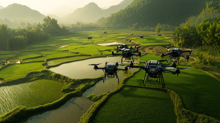 Drone flying over rice field in the morning, aerial view.の写真素材