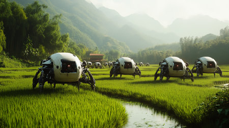 Helicopter flying over rice fields in Sapa, Vietnam.の写真素材