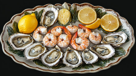 Seafood platter with shrimp, oysters and lemon on black backgroundの写真素材