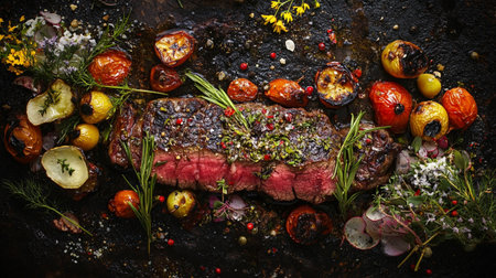Grilled beef steak with vegetables and herbs on black background, top viewの写真素材