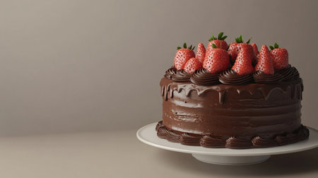 Chocolate cake with strawberries on a white plate on a gray backgroundの写真素材