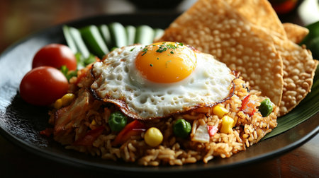 Fried rice with fried egg and vegetables on plate, closeupの写真素材