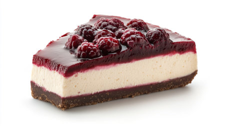 Cheesecake with fresh raspberries isolated on white background.の写真素材
