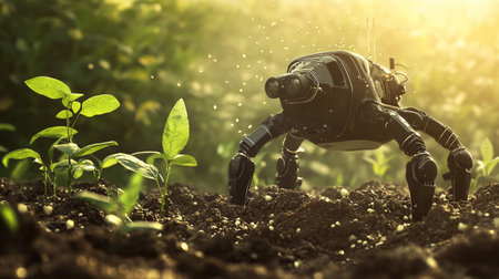 3d illustration of a robot in the soil with small green plantsの写真素材