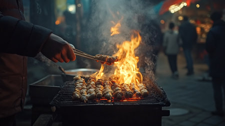 Barbecue on the street in the evening, close-up.の写真素材