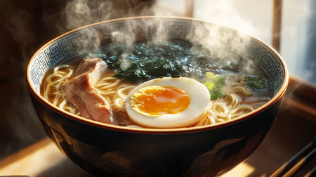 Ramen soup with pork and egg in bowl on wooden table, closeupの写真素材
