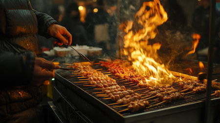 Skewers on the grill. Street food in the city.の写真素材