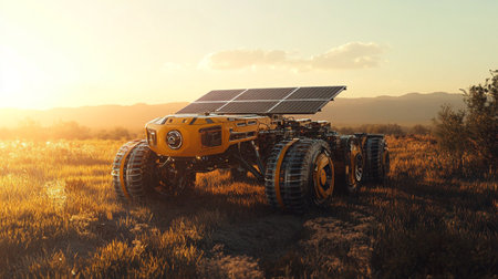 3d render of a tractor with solar panels in the field.の写真素材