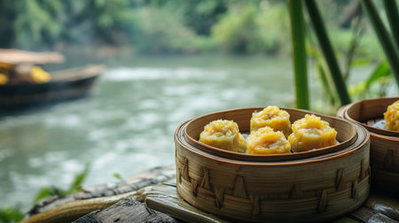 steamed dumpling in bamboo bowl on wood table with river backgroundの写真素材