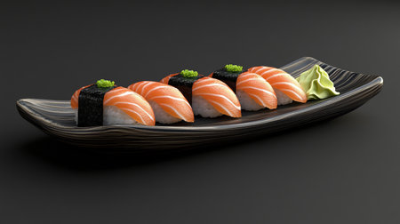 Sushi on a wooden plate on a black background. 3d renderの写真素材
