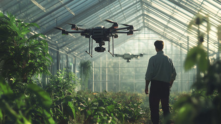 Drone in a greenhouse. The concept of agriculture and technology.の写真素材