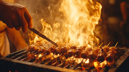 Close-up of a man's hand cooking shish kebab on a barbecueの写真素材