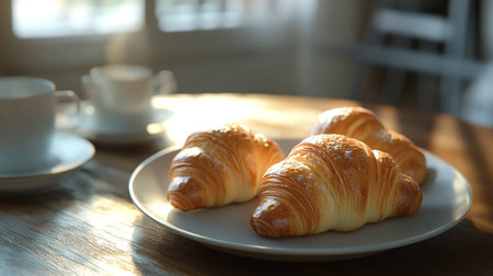 Breakfast with coffee and croissants in a basket on tableの写真素材