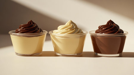 Three cups of chocolate ice cream on a white background with hard shadowsの写真素材