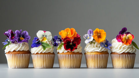 Vanilla cupcakes decorated with edible pansy flowers on grey backgroundの写真素材