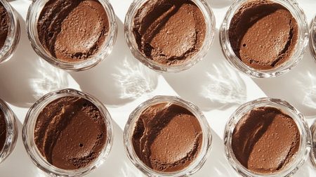 Chocolate mousse in glass jars on white background. Top view.の写真素材