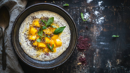 Oatmeal with mango and chia seeds on dark rustic backgroundの写真素材