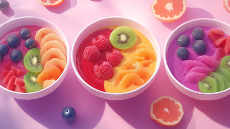 Colorful fruit ice cream in a bowl on a pink background.の写真素材