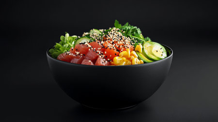 Hawaiian salmon poke bowl with seaweed, avocado, cucumber and sesame seeds on black backgroundの写真素材