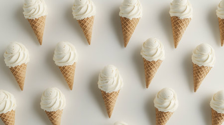 top view of vanilla ice cream in waffle cones on white backgroundの写真素材