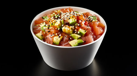 Salmon sashimi in a white bowl on a black backgroundの写真素材