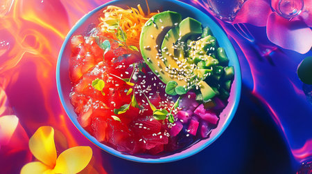 Hawaiian tuna poke bowl with avocado and sesame seeds. Healthy eating concept.の写真素材