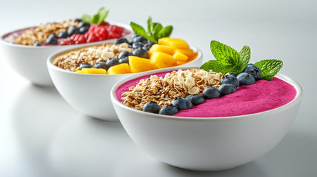 Smoothie bowls with berries and oat flakes on white backgroundの写真素材