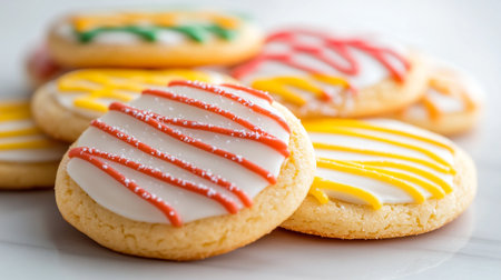 Colorful striped butter cookies on white background. Selective focus.の写真素材