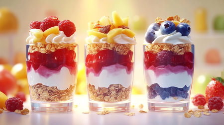 Granola with yogurt and fresh berries in glasses on light backgroundの写真素材