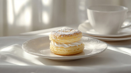 Cream puff on a white plate on a white tablecloth.の写真素材