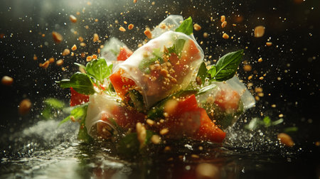 Vegetable spring rolls on dark background with splashes of waterの写真素材
