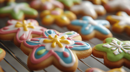 Delicious colorful Christmas cookies on a baking sheet, closeup viewの写真素材