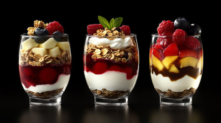 Granola with yogurt and berries in glasses on a black backgroundの写真素材