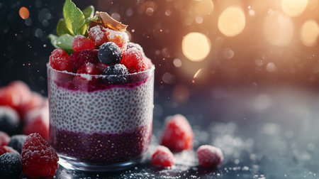 Chia seed pudding with raspberries and blueberries in glass on black background.の写真素材