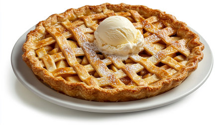 Apple pie with ice cream on a plate isolated on white background.の写真素材