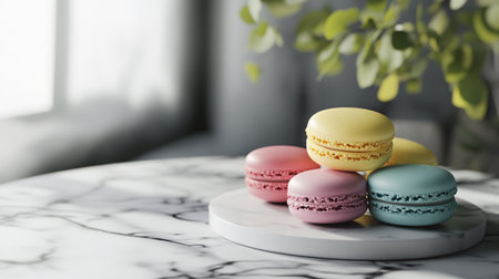 Colorful macaroons on white marble table in room, closeupの写真素材