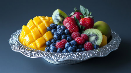 Mango, blueberry, strawberry, kiwi on a metal plateの写真素材
