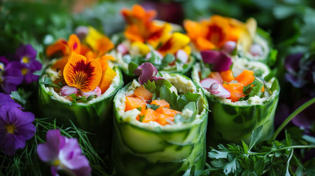 Close up of spring rolls decorated with edible flowers and green leaves.の写真素材