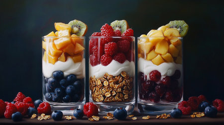 Healthy breakfast - yogurt, muesli, fruits and berriesの写真素材