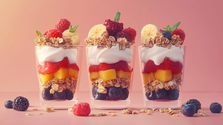 Healthy breakfast with yogurt, granola and berries in glasses on pink backgroundの写真素材