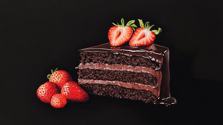 Chocolate cake with strawberries on a black background, close-upの写真素材