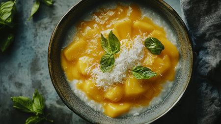 Rice porridge with mango and coconut flakes in bowl, top viewの写真素材