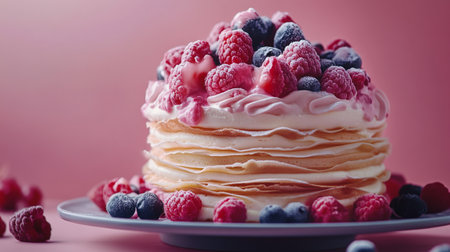 Pancakes with fresh raspberries and blueberries on a pink backgroundの写真素材