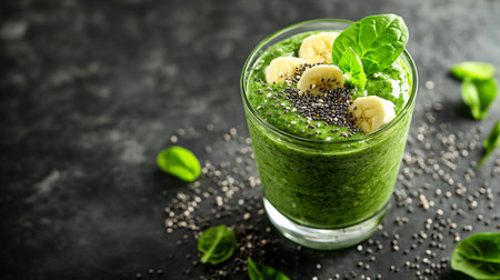 Green smoothie with banana, chia seeds and spinach on black backgroundの写真素材