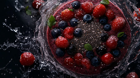 Chia seed pudding with fresh berries on black background, closeupの写真素材