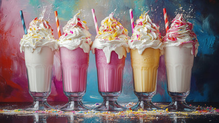 Milkshakes with whipped cream and colorful sprinkles on a dark backgroundの写真素材